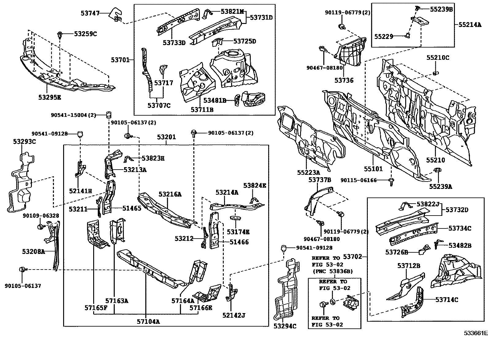 Toyota CAMRY 前翼子板挡泥板和前围板 EPC diagram — 533661E