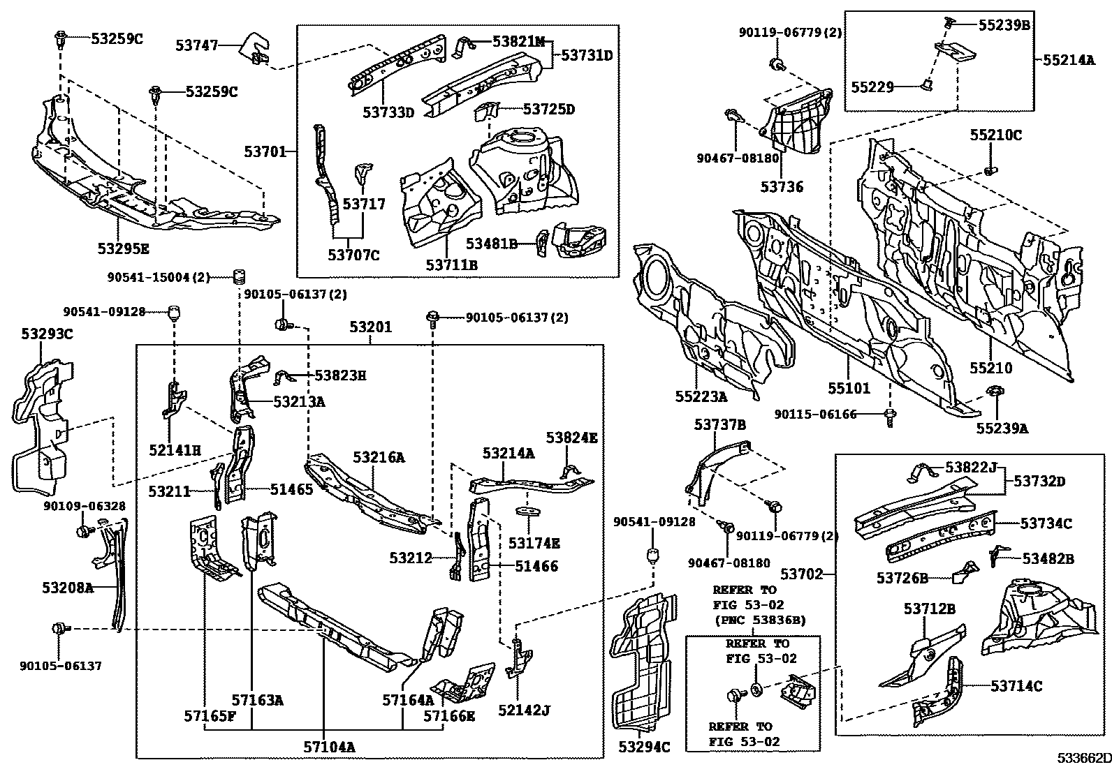 Toyota CAMRY 前翼子板挡泥板和前围板 EPC diagram — 533662D