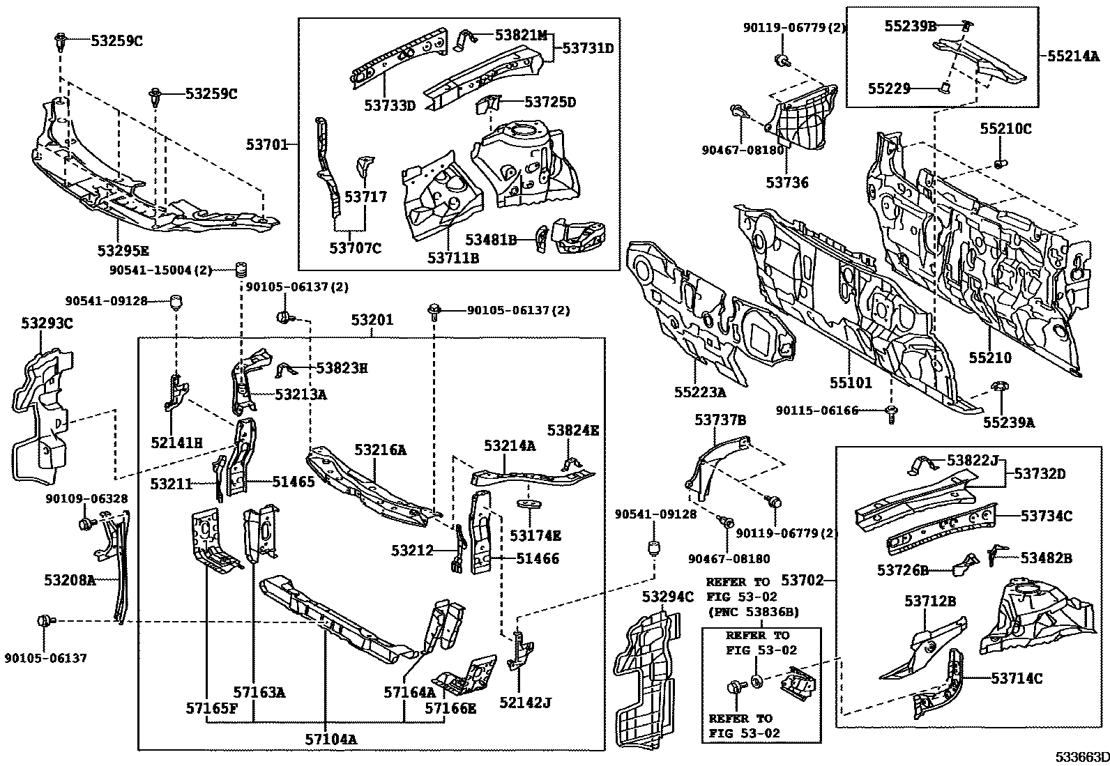 Toyota CAMRY 前翼子板挡泥板和前围板 EPC diagram — 533663D