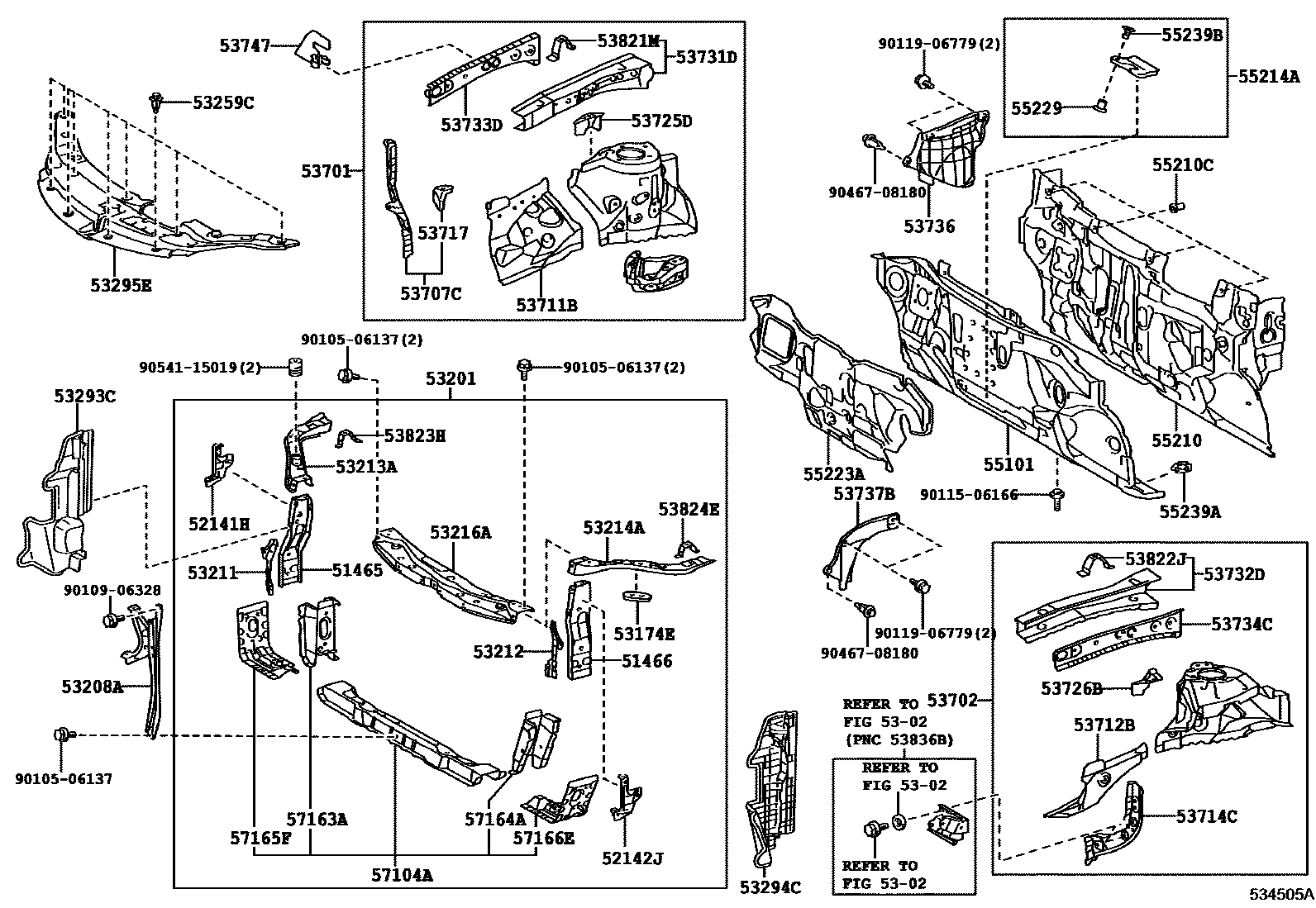Toyota CAMRY 前翼子板挡泥板和前围板 EPC diagram — 534505A