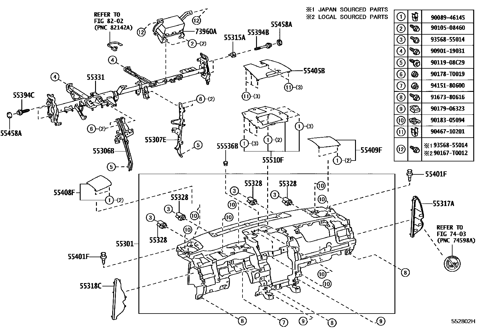 Toyota CAMRY 仪表板和手套箱 EPC diagram — 552802H
