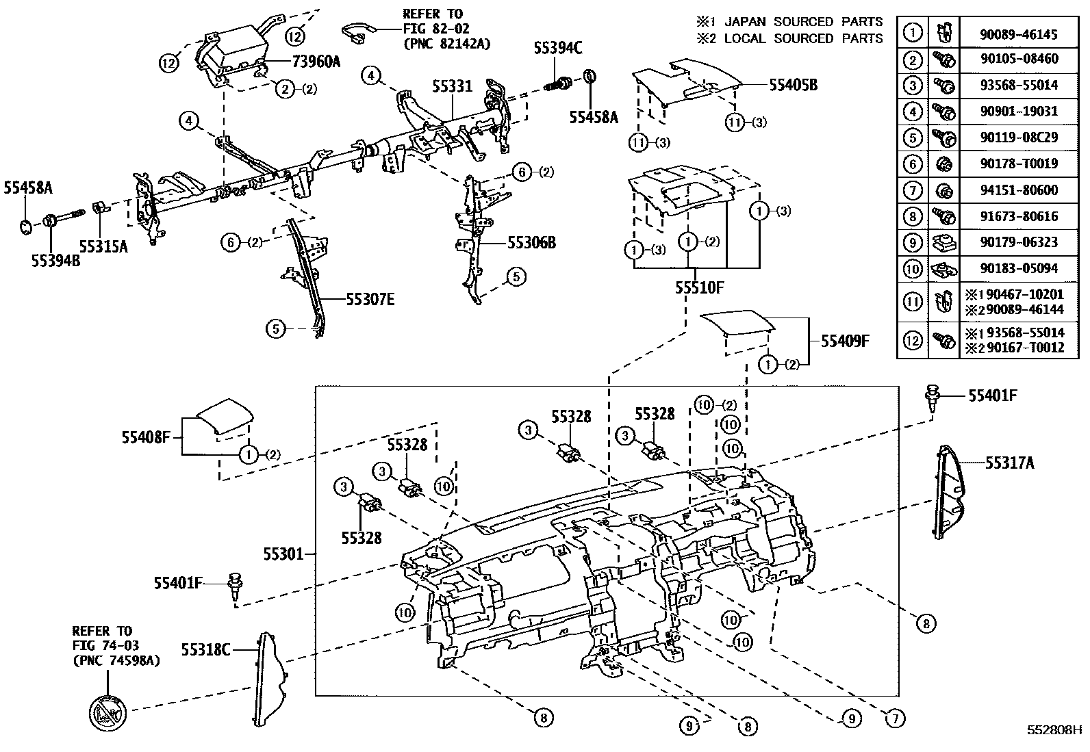 Toyota CAMRY 仪表板和手套箱 EPC diagram — 552808H