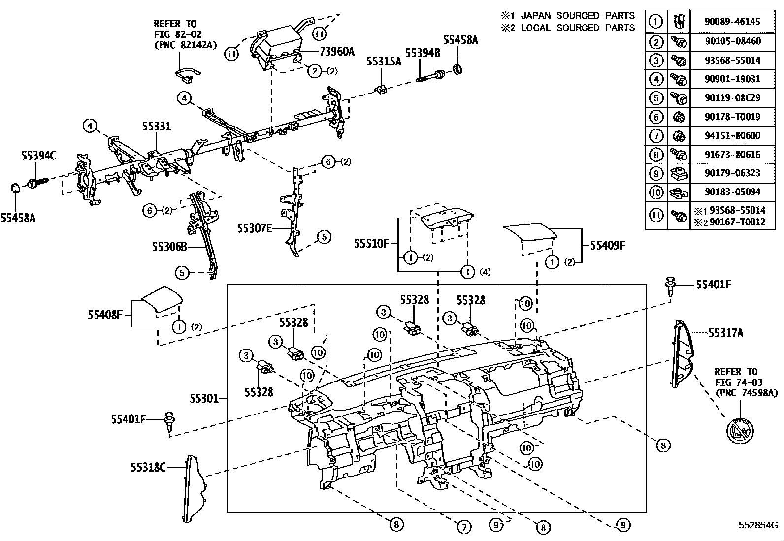 Toyota CAMRY 仪表板和手套箱 EPC diagram — 552854G