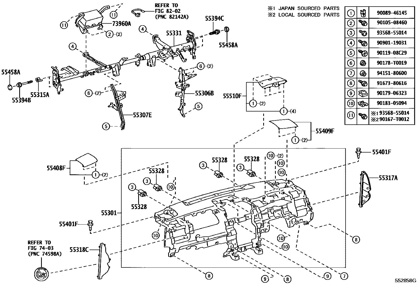 Toyota CAMRY 仪表板和手套箱 EPC diagram — 552858G