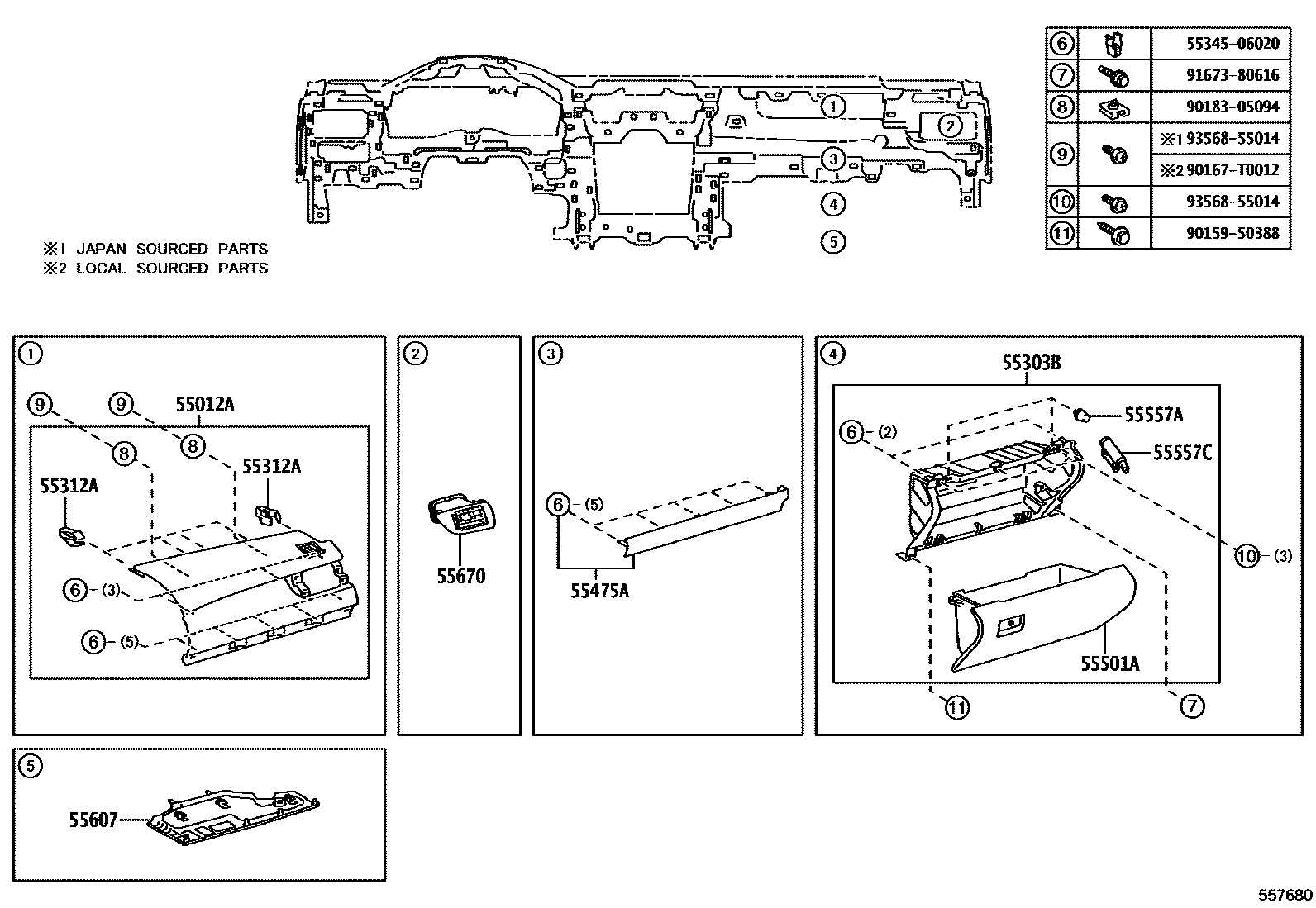 Toyota CAMRY 仪表板和手套箱 EPC diagram — 557680