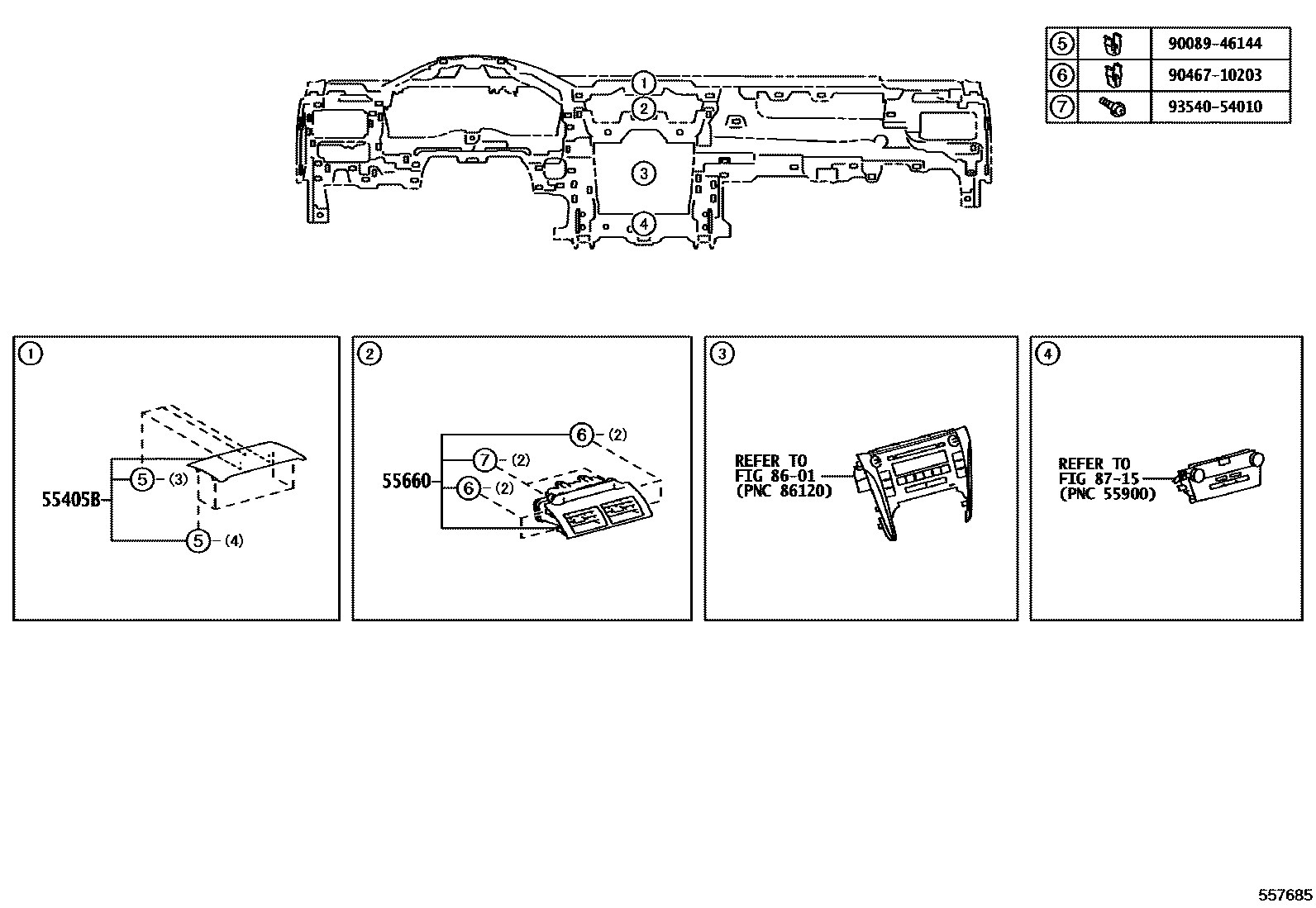 Toyota CAMRY 仪表板和手套箱 EPC diagram — 557685