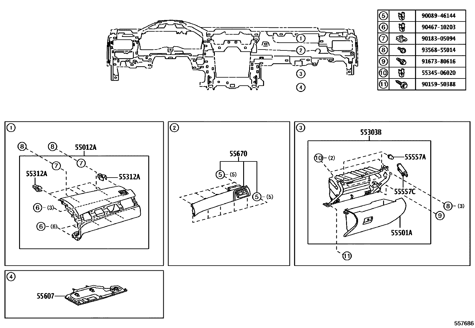 Toyota CAMRY 仪表板和手套箱 EPC diagram — 557686