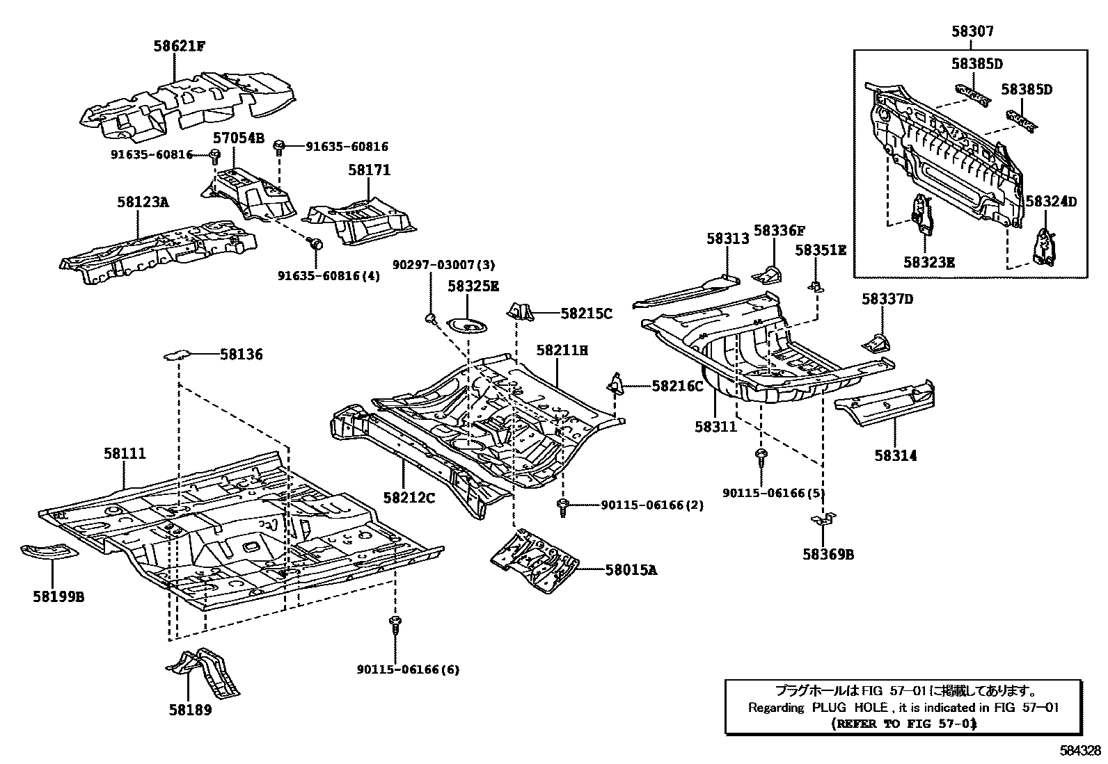 Toyota CAMRY 浅盘形地板和车身下背板 EPC diagram — 584328