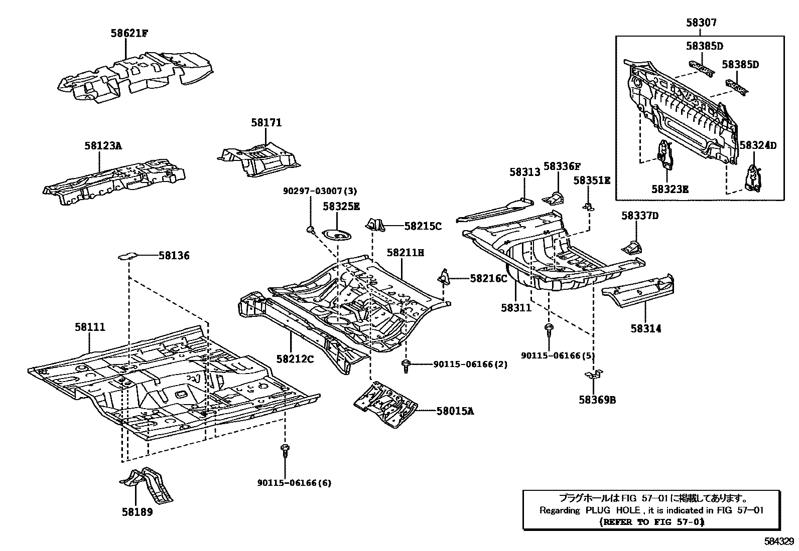 Toyota CAMRY 浅盘形地板和车身下背板 EPC diagram — 584329