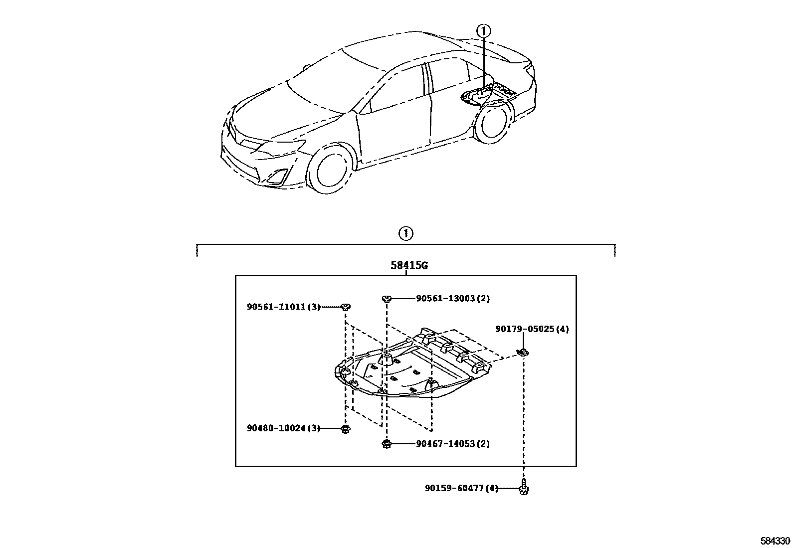 Toyota CAMRY 浅盘形地板和车身下背板 EPC diagram — 584330