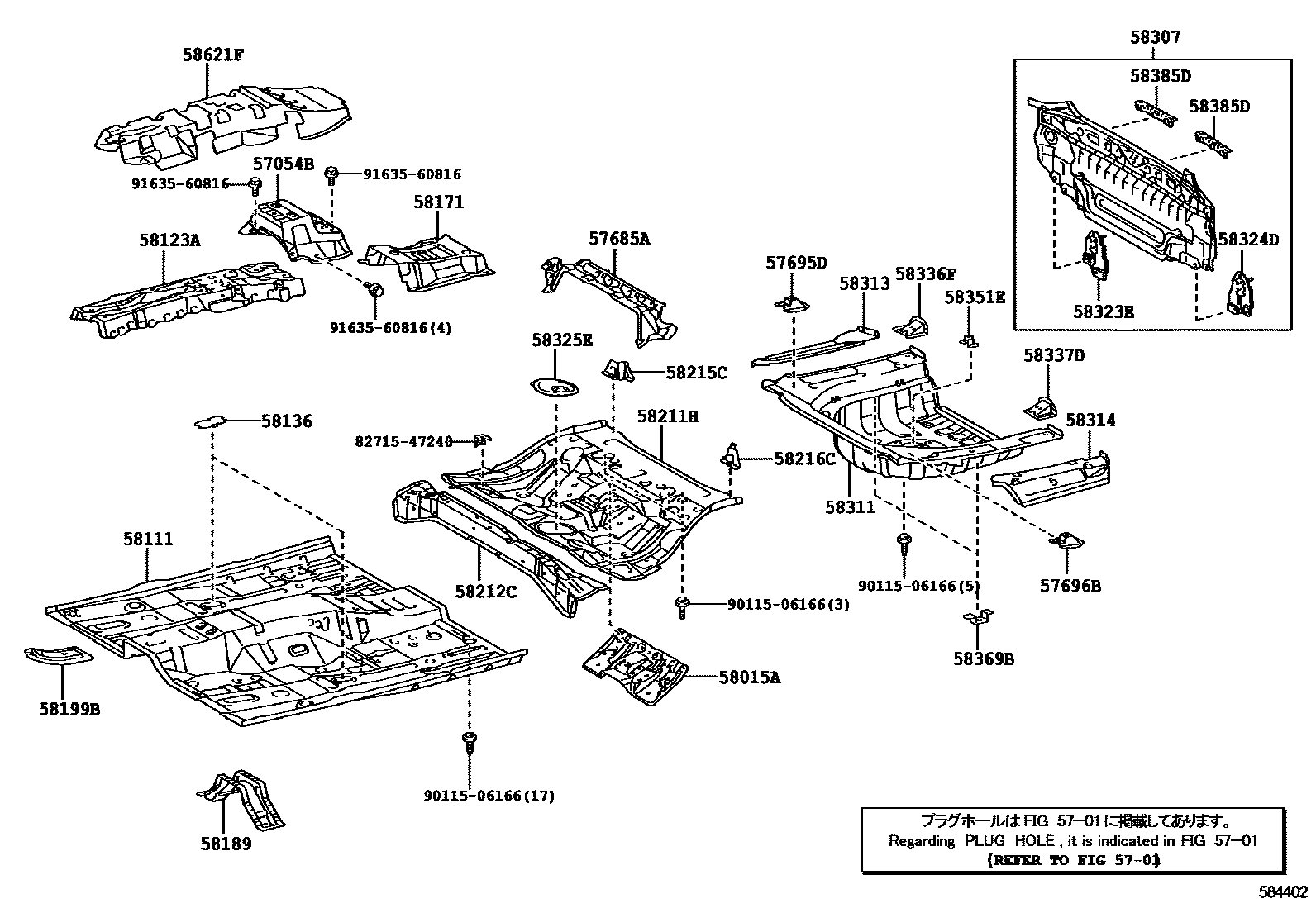 Toyota CAMRY 浅盘形地板和车身下背板 EPC diagram — 584402