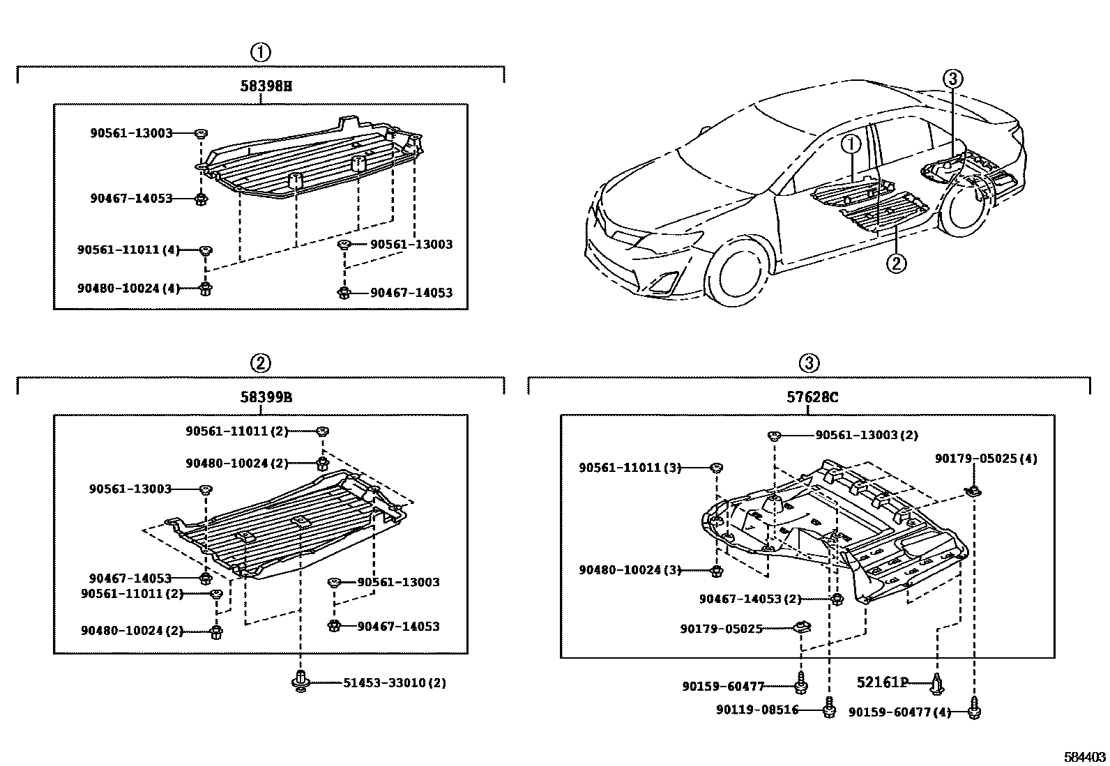 Toyota CAMRY 浅盘形地板和车身下背板 EPC diagram — 584403