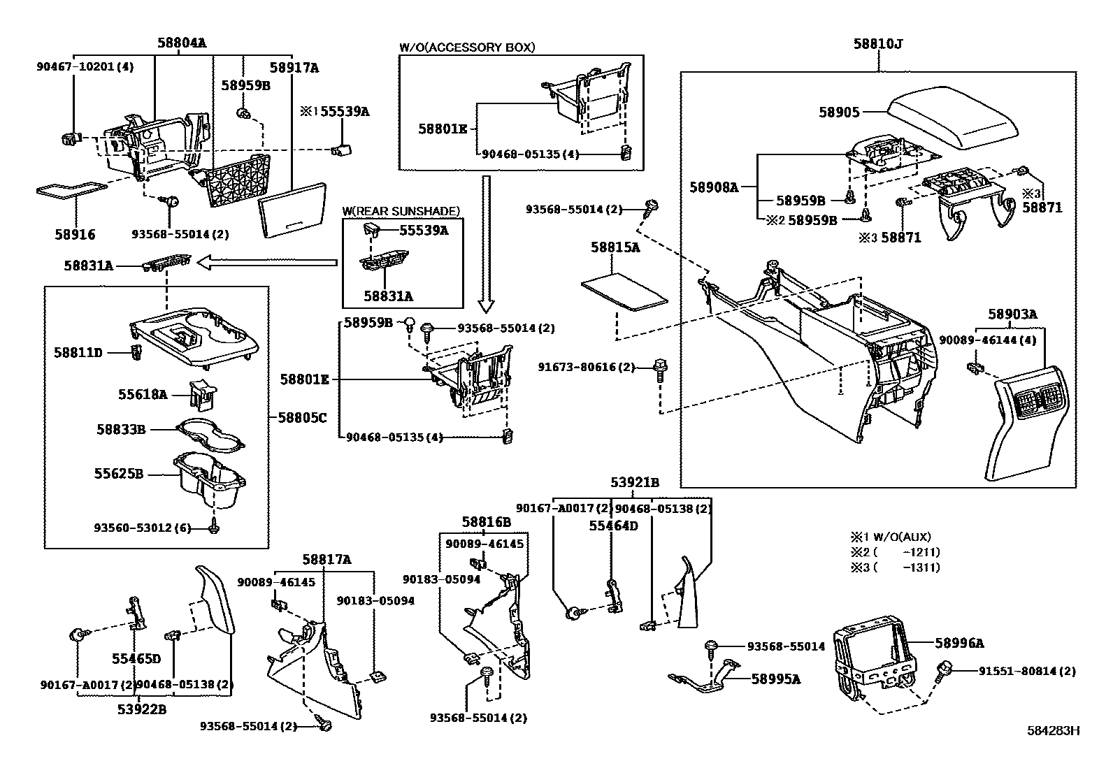 Toyota CAMRY 中央扶手箱和支架 EPC diagram — 584283H