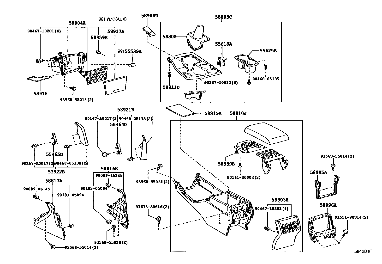 Toyota CAMRY 中央扶手箱和支架 EPC diagram — 584284F