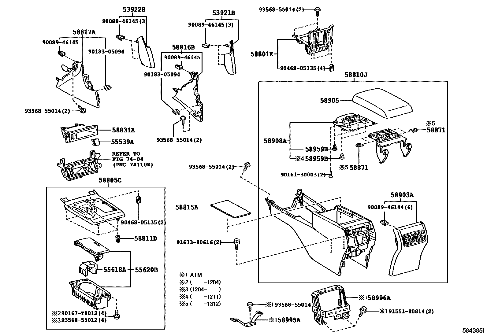 Toyota CAMRY 中央扶手箱和支架 EPC diagram — 584385I