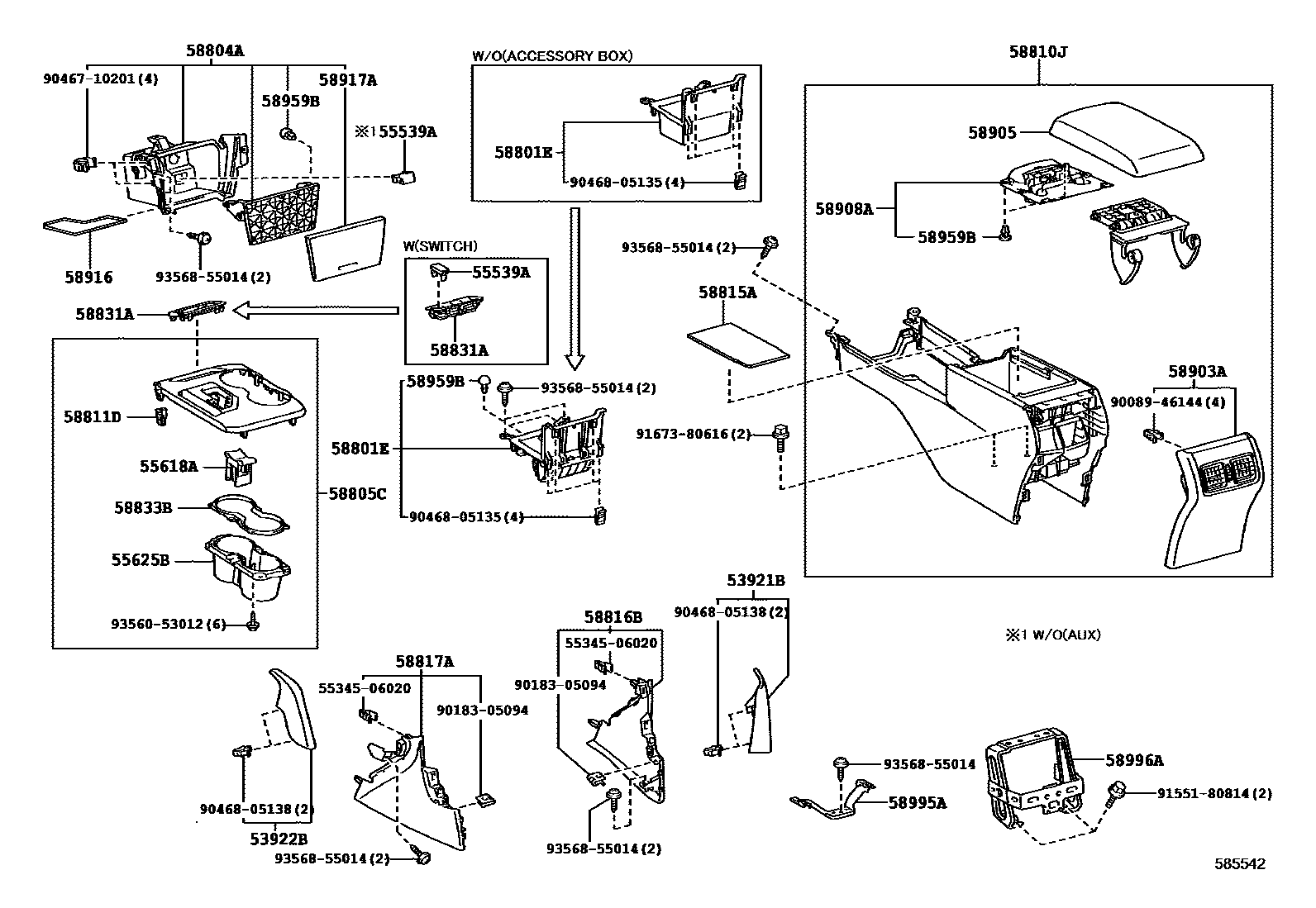 Toyota CAMRY 中央扶手箱和支架 EPC diagram — 585542