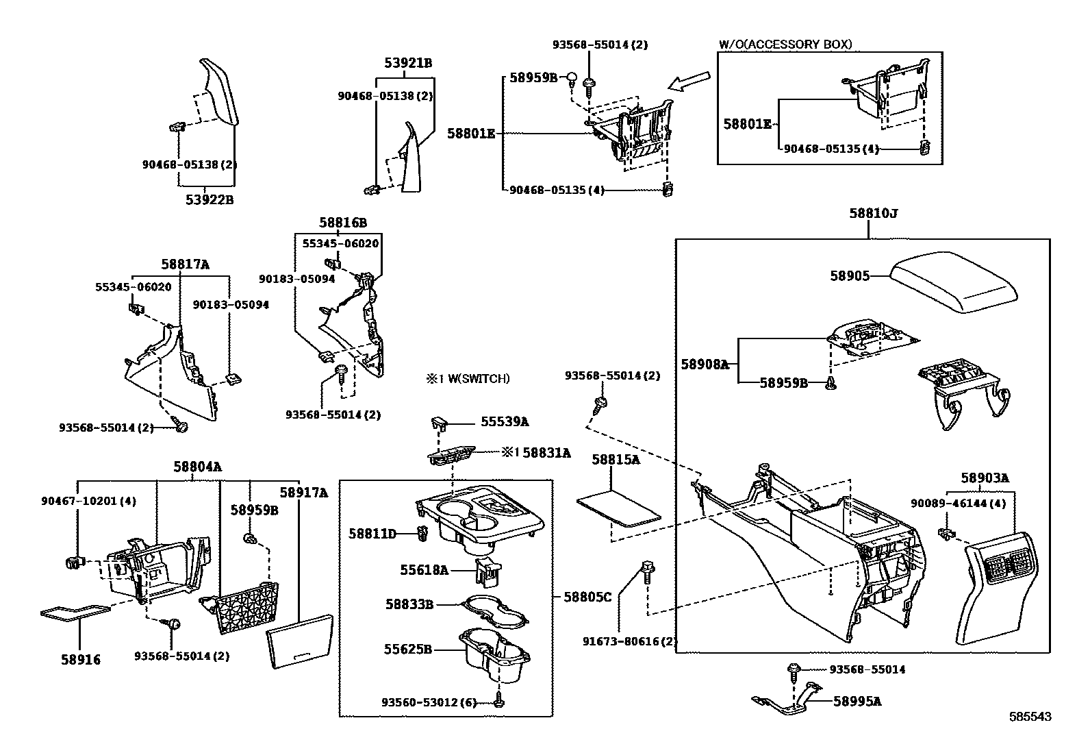 Toyota CAMRY 中央扶手箱和支架 EPC diagram — 585543