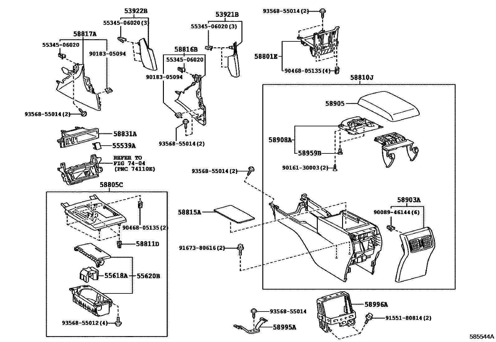 Toyota CAMRY 中央扶手箱和支架 EPC diagram — 585544A