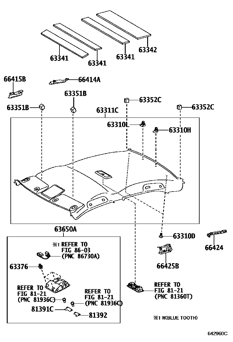Toyota CAMRY 车顶内衬和消声垫 EPC diagram — 642960C