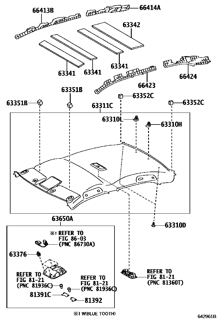 Toyota CAMRY 车顶内衬和消声垫 EPC diagram — 642961B