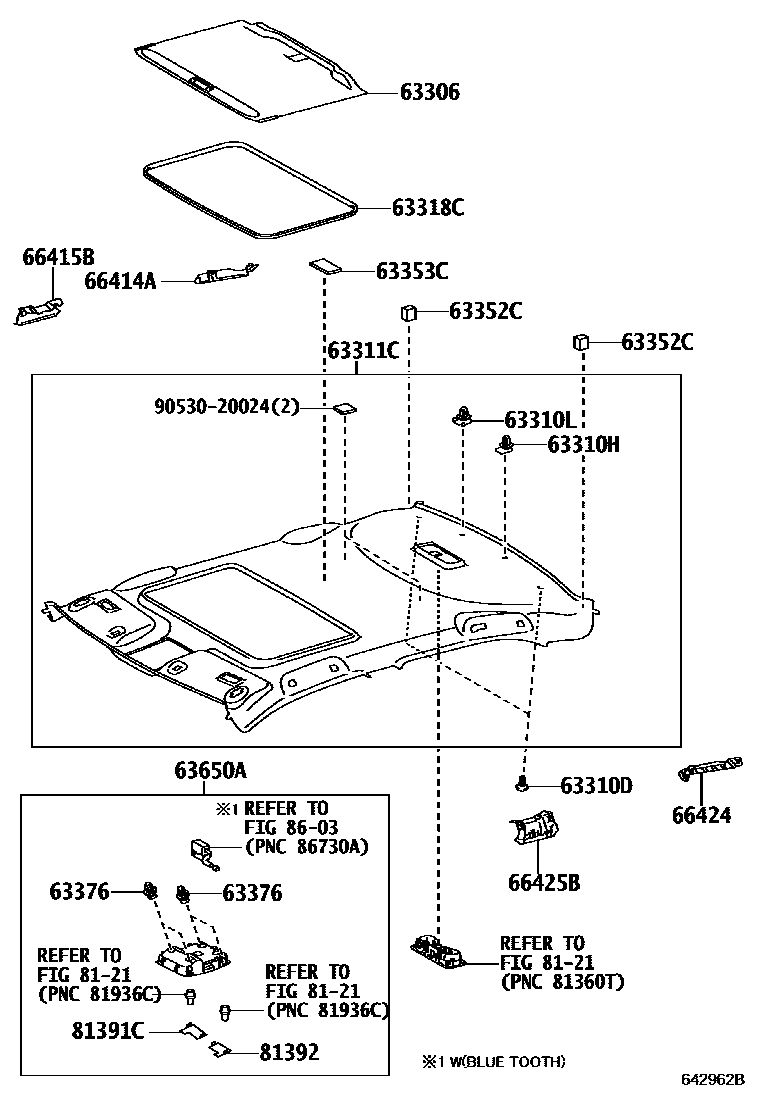 Toyota CAMRY 车顶内衬和消声垫 EPC diagram — 642962B