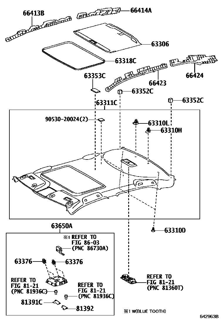Toyota CAMRY 车顶内衬和消声垫 EPC diagram — 642963B