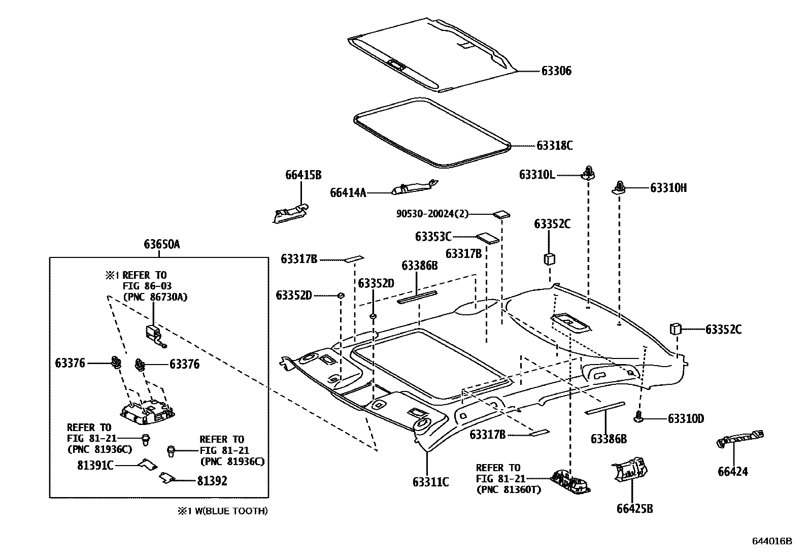 Toyota CAMRY 车顶内衬和消声垫 EPC diagram — 644016B