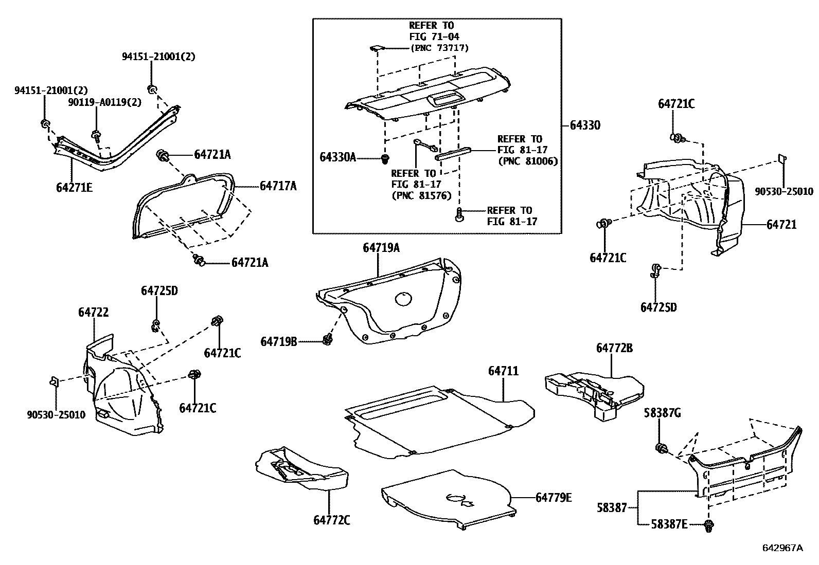 Toyota CAMRY 杂物箱板和行李箱垫 EPC diagram — 642967A