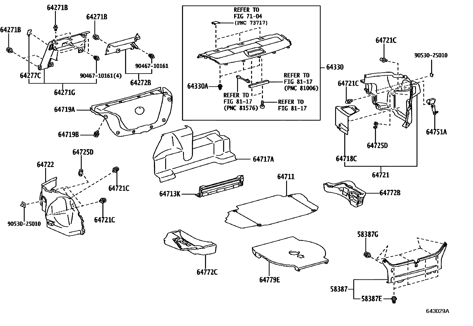 Toyota CAMRY 杂物箱板和行李箱垫 EPC diagram — 643029A