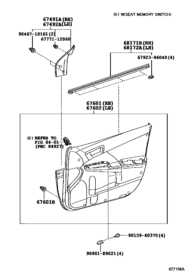 Toyota CAMRY 前门板和前门玻璃 EPC diagram — 677156A