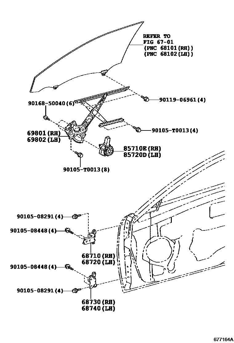 Toyota CAMRY 前门车窗升降器和合页 EPC diagram — 677164A
