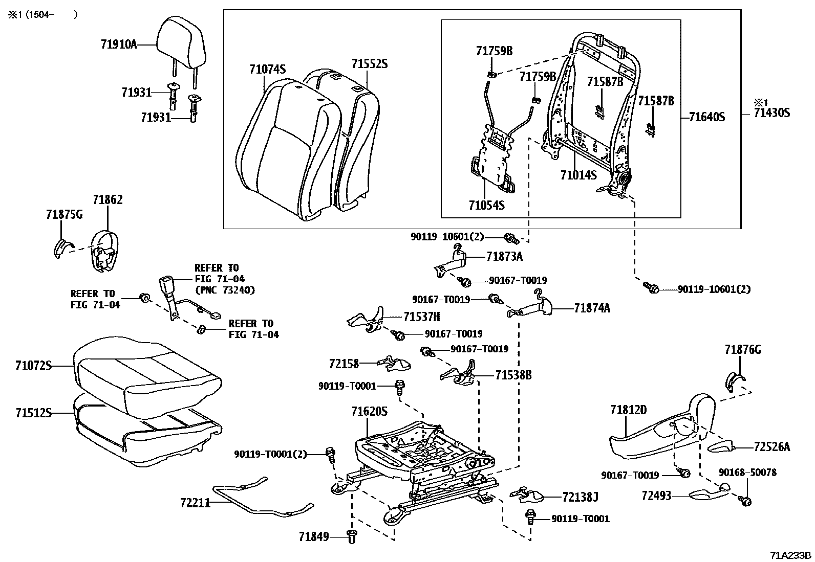 Toyota CAMRY 前排座椅和座椅滑轨 EPC diagram — 71A233B