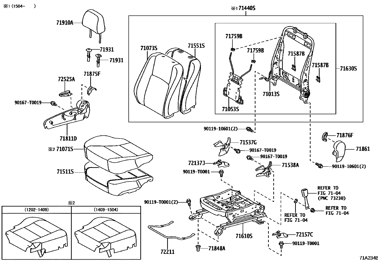 Toyota CAMRY 前排座椅和座椅滑轨 EPC diagram — 71A234B