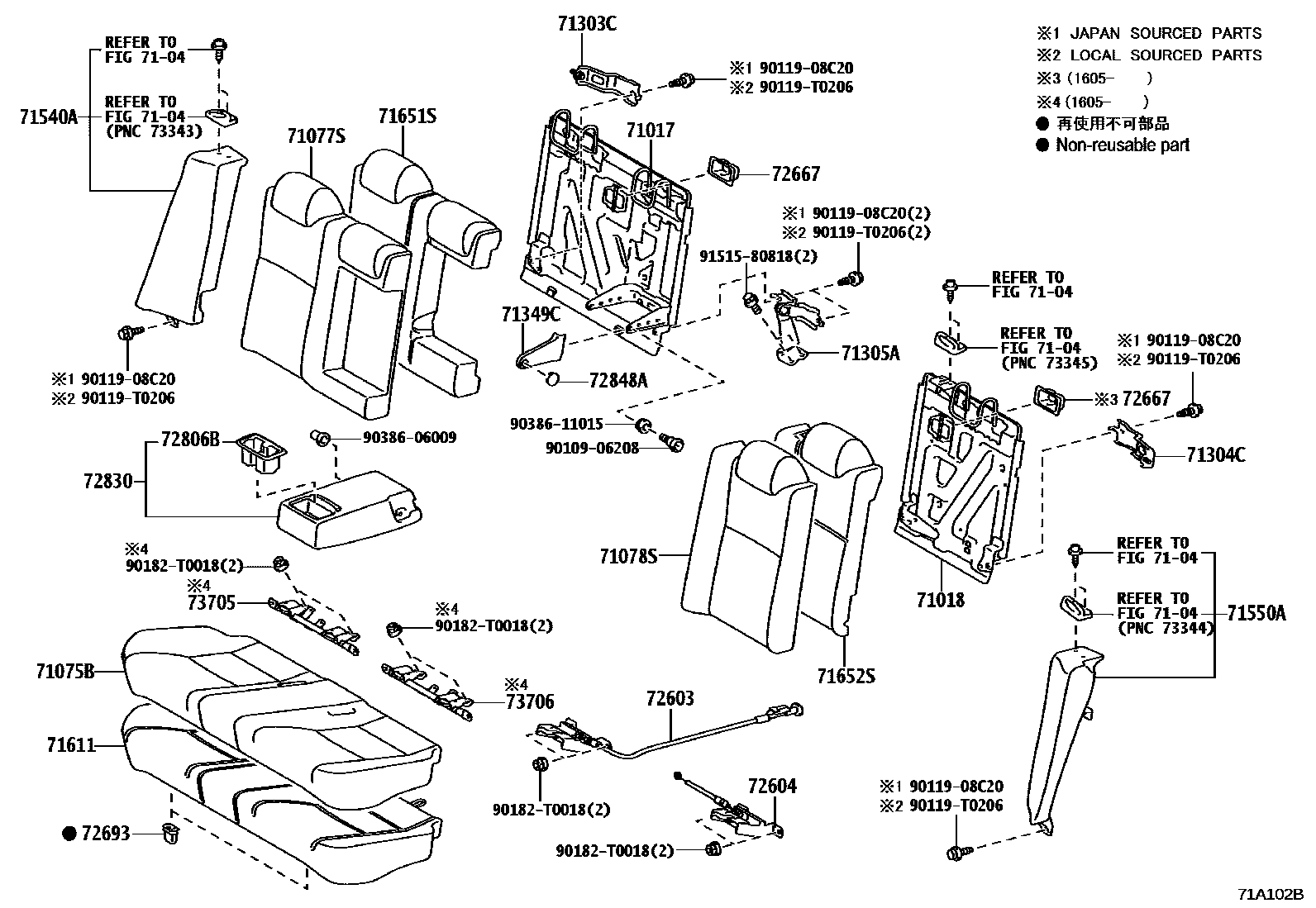 Toyota CAMRY 后排座椅和座椅滑轨 EPC diagram — 71A102B