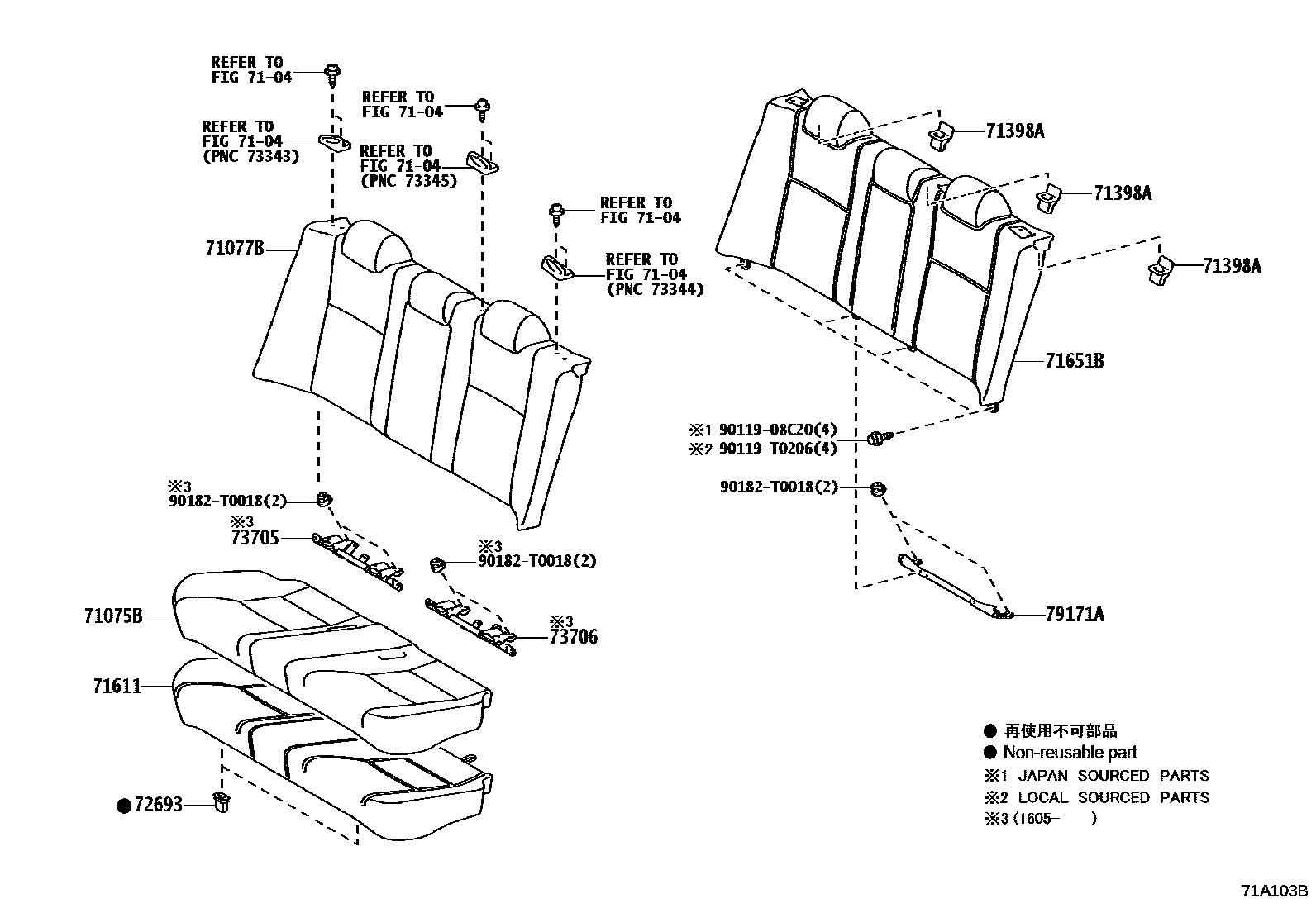 Toyota CAMRY 后排座椅和座椅滑轨 EPC diagram — 71A103B