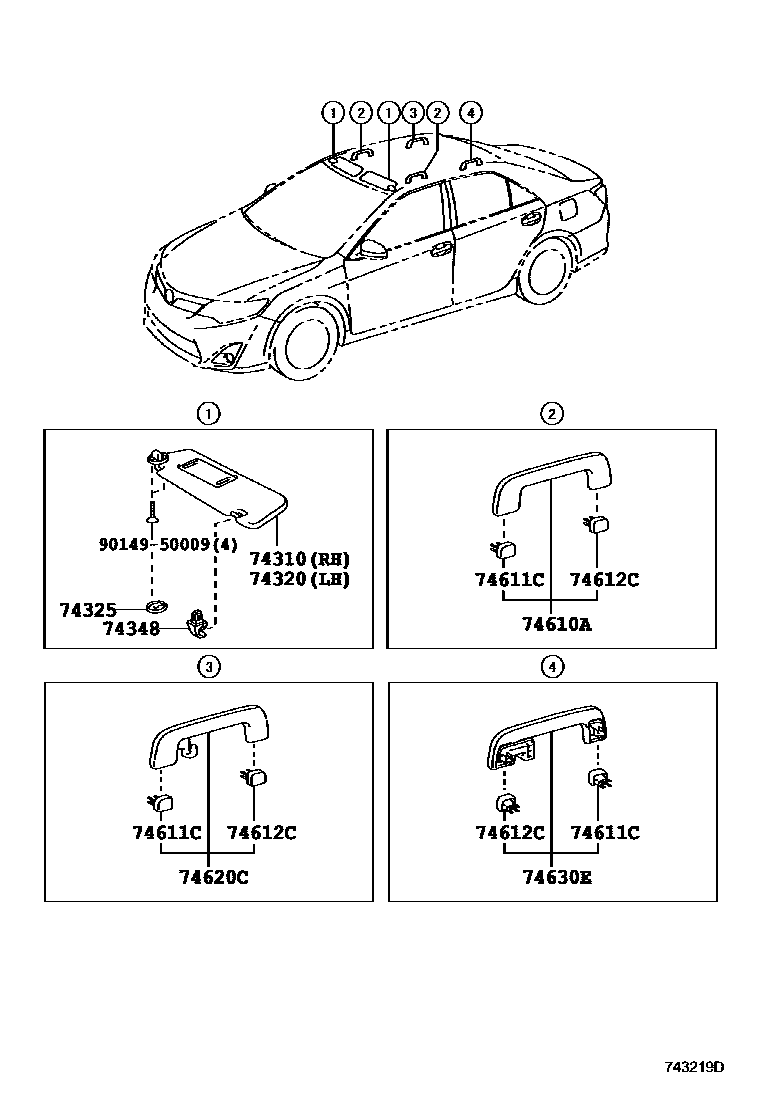 Toyota CAMRY 扶手和遮阳板 EPC diagram — 743219D
