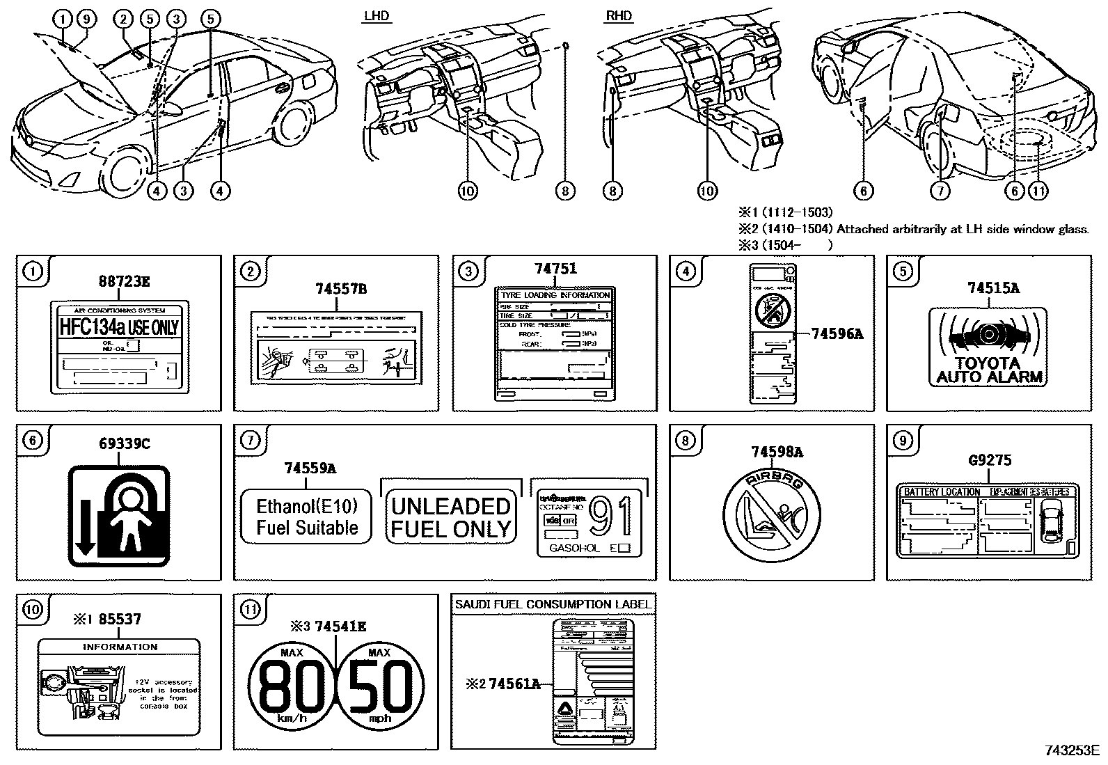 Toyota CAMRY 警示铭牌(车外和车内) EPC diagram — 743253E