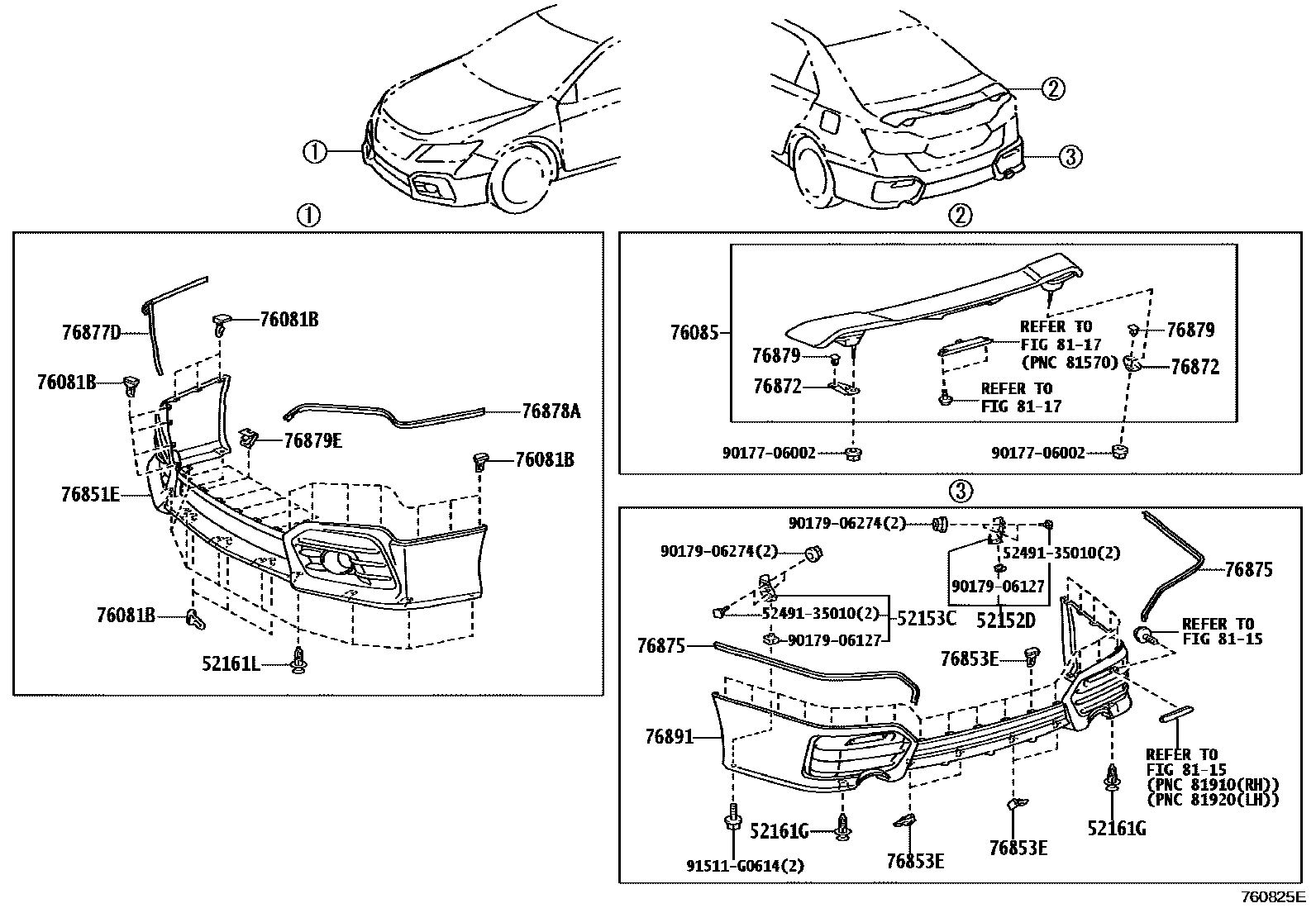 Toyota CAMRY 挡泥板和扰流板 EPC diagram — 760825E