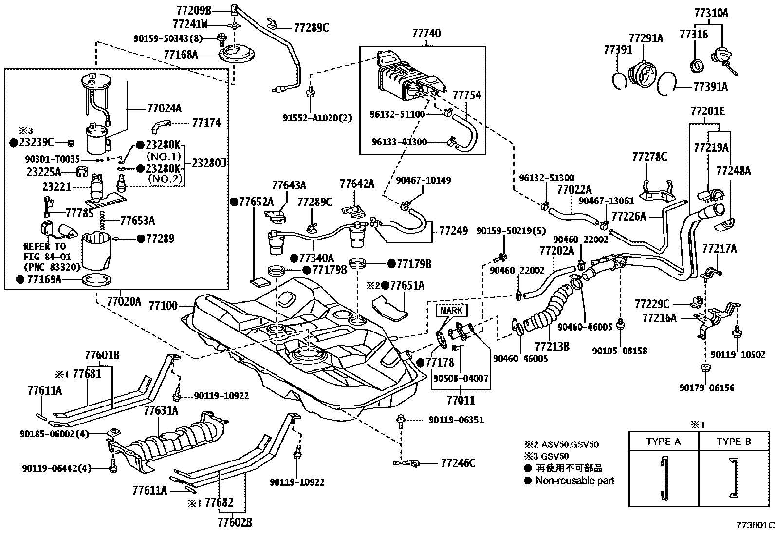 Toyota CAMRY 燃油箱和燃油管 EPC diagram — 773801C