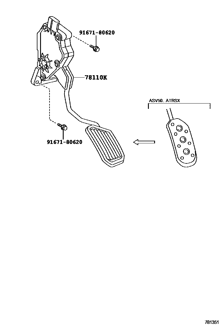 Toyota CAMRY accelerator pedal connecting rod EPC diagram — 781351