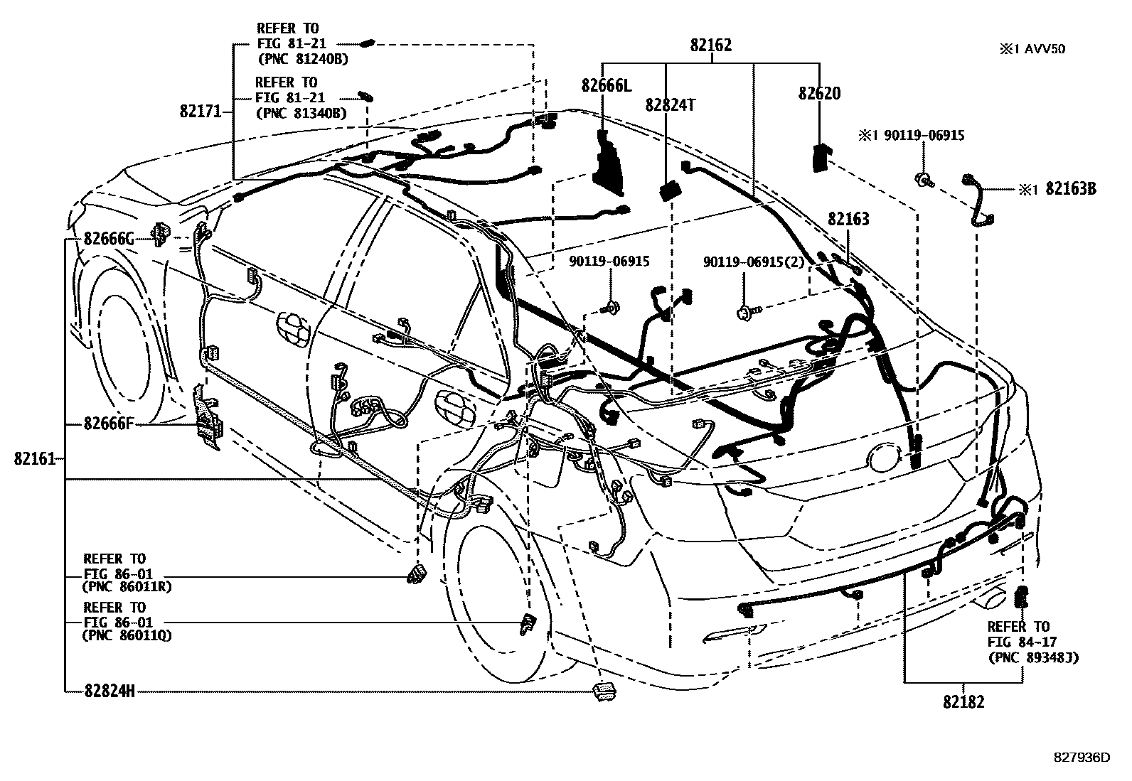 Toyota CAMRY 线束和卡夹 EPC diagram — 827936D