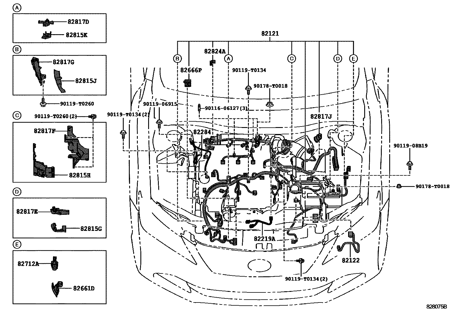 Toyota CAMRY 线束和卡夹 EPC diagram — 828075B
