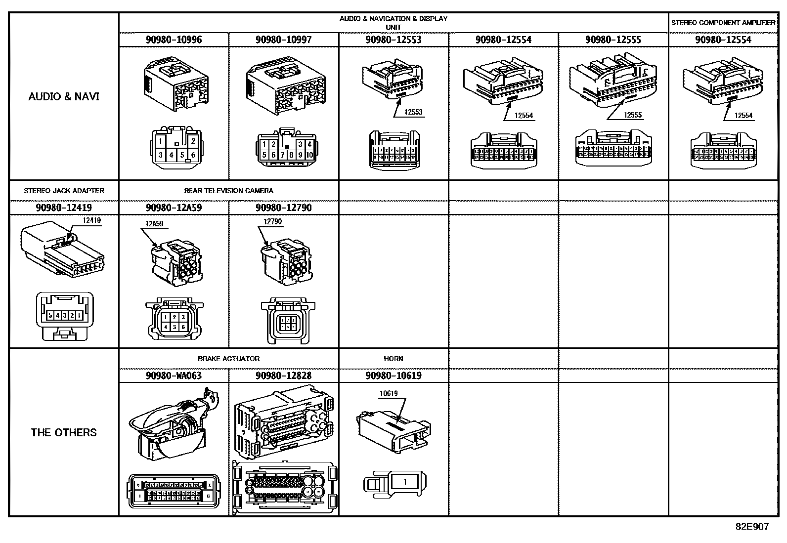 Toyota CAMRY 线束和卡夹 EPC diagram — 82E907