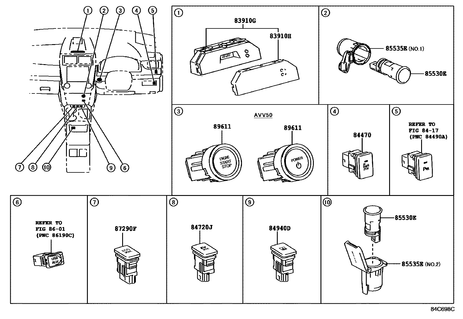 Toyota CAMRY 开关和继电器和ECU EPC diagram — 84C698C