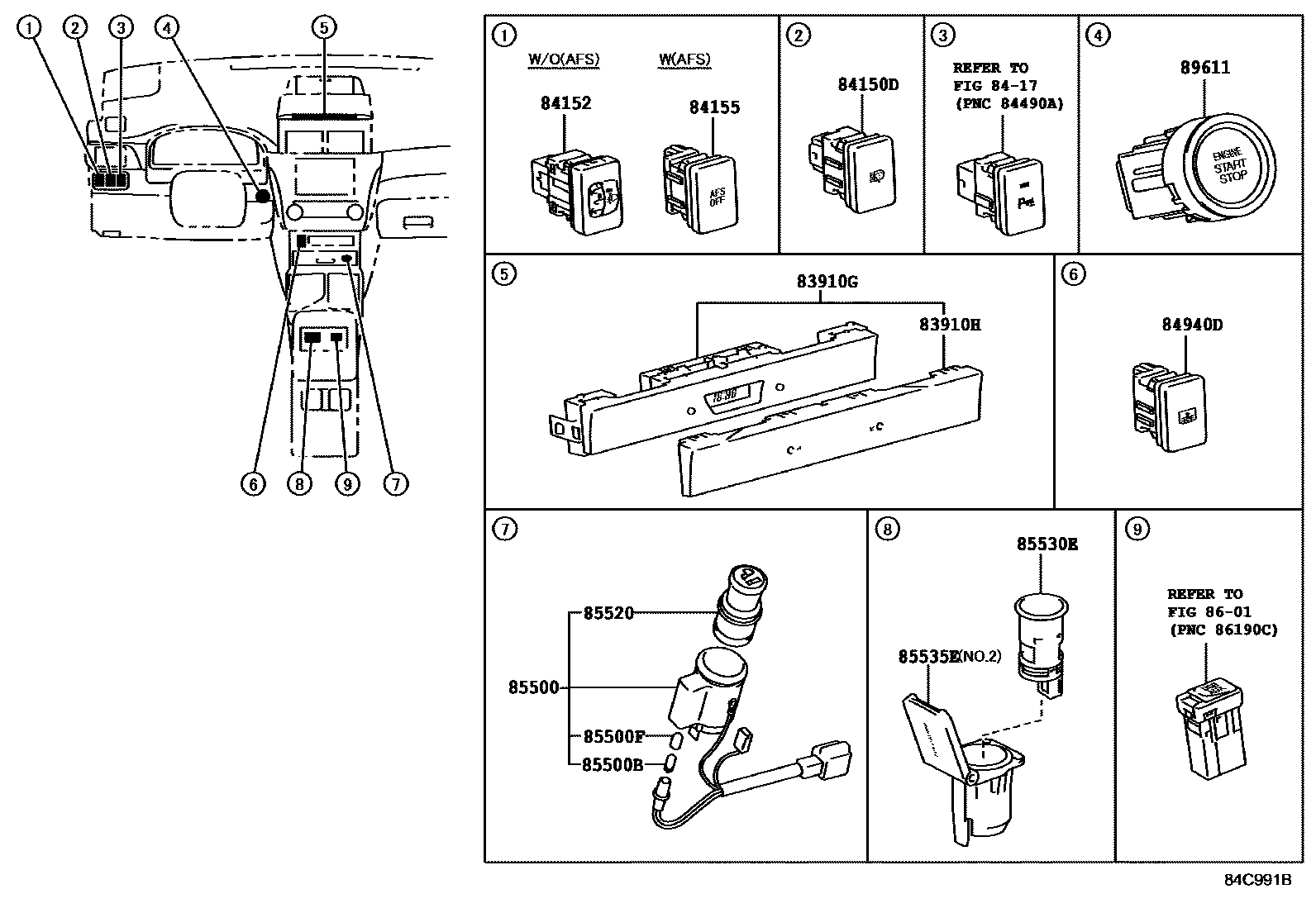 Toyota CAMRY 开关和继电器和ECU EPC diagram — 84C991B