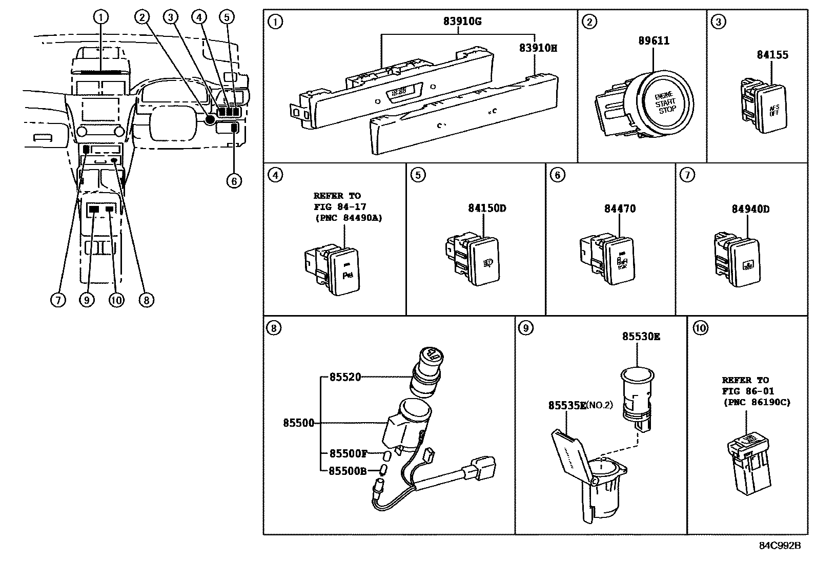 Toyota CAMRY 开关和继电器和ECU EPC diagram — 84C992B