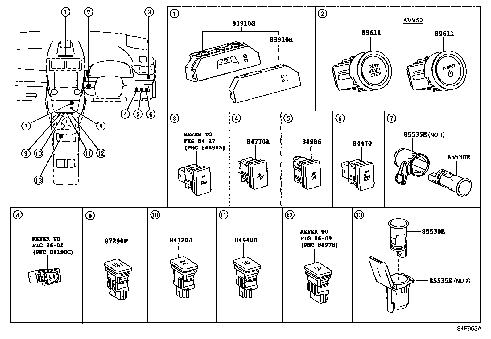 Toyota CAMRY 开关和继电器和ECU EPC diagram — 84F953A