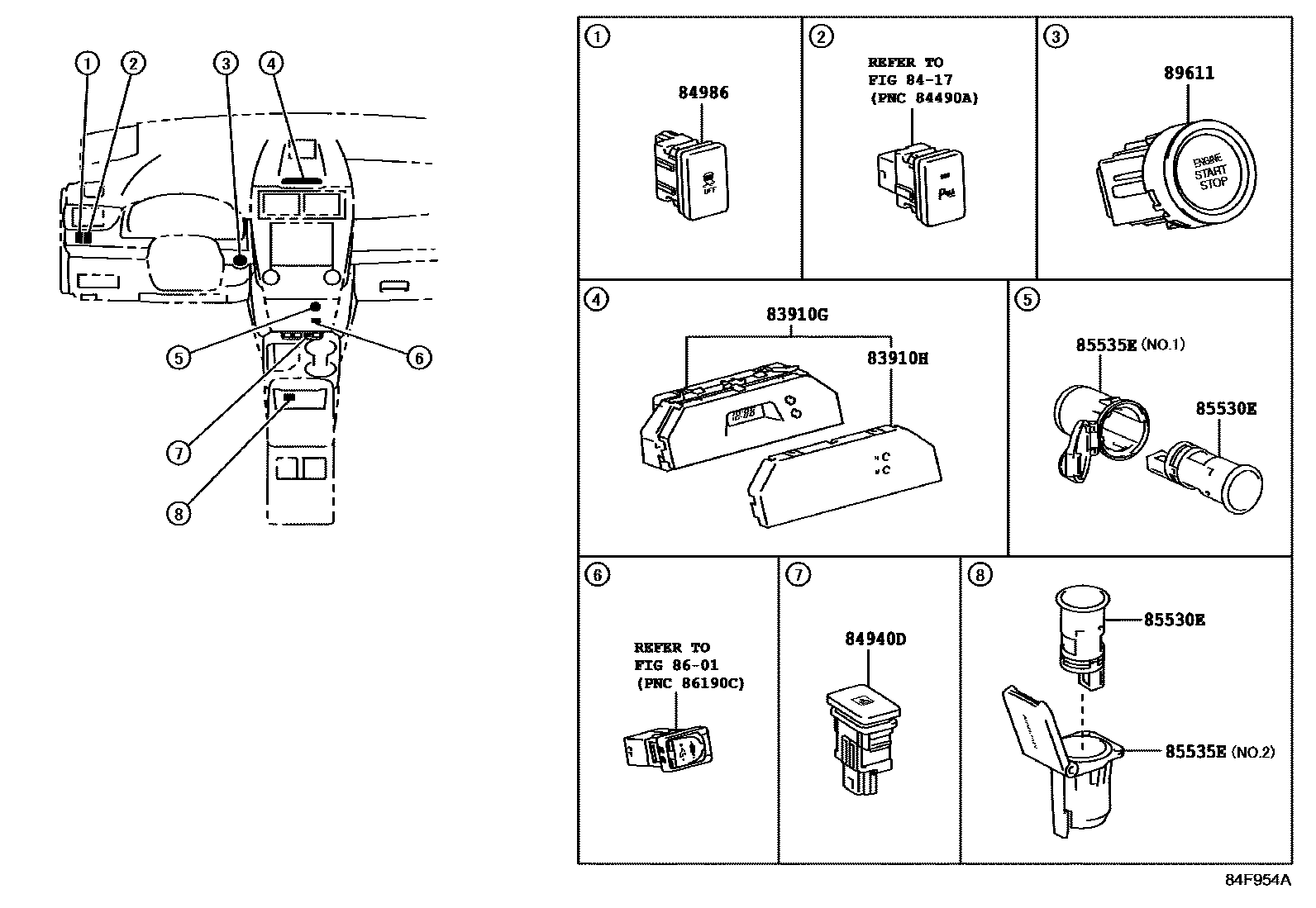 Toyota CAMRY 开关和继电器和ECU EPC diagram — 84F954A