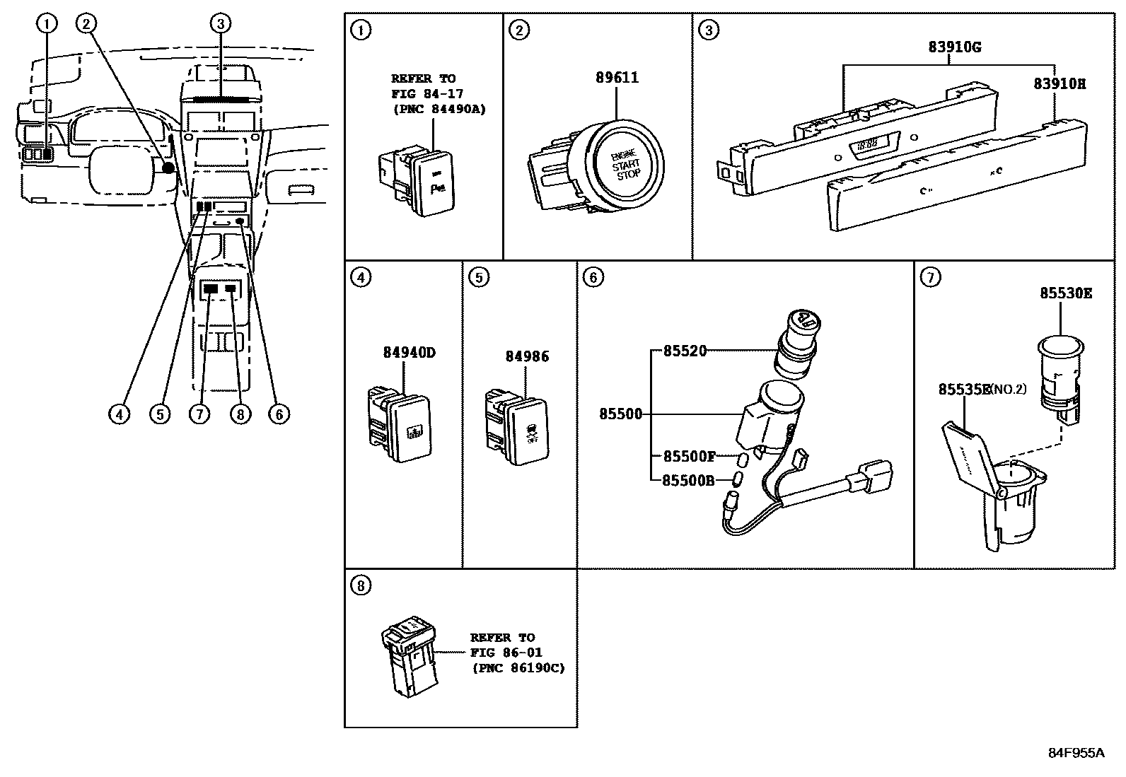 Toyota CAMRY 开关和继电器和ECU EPC diagram — 84F955A