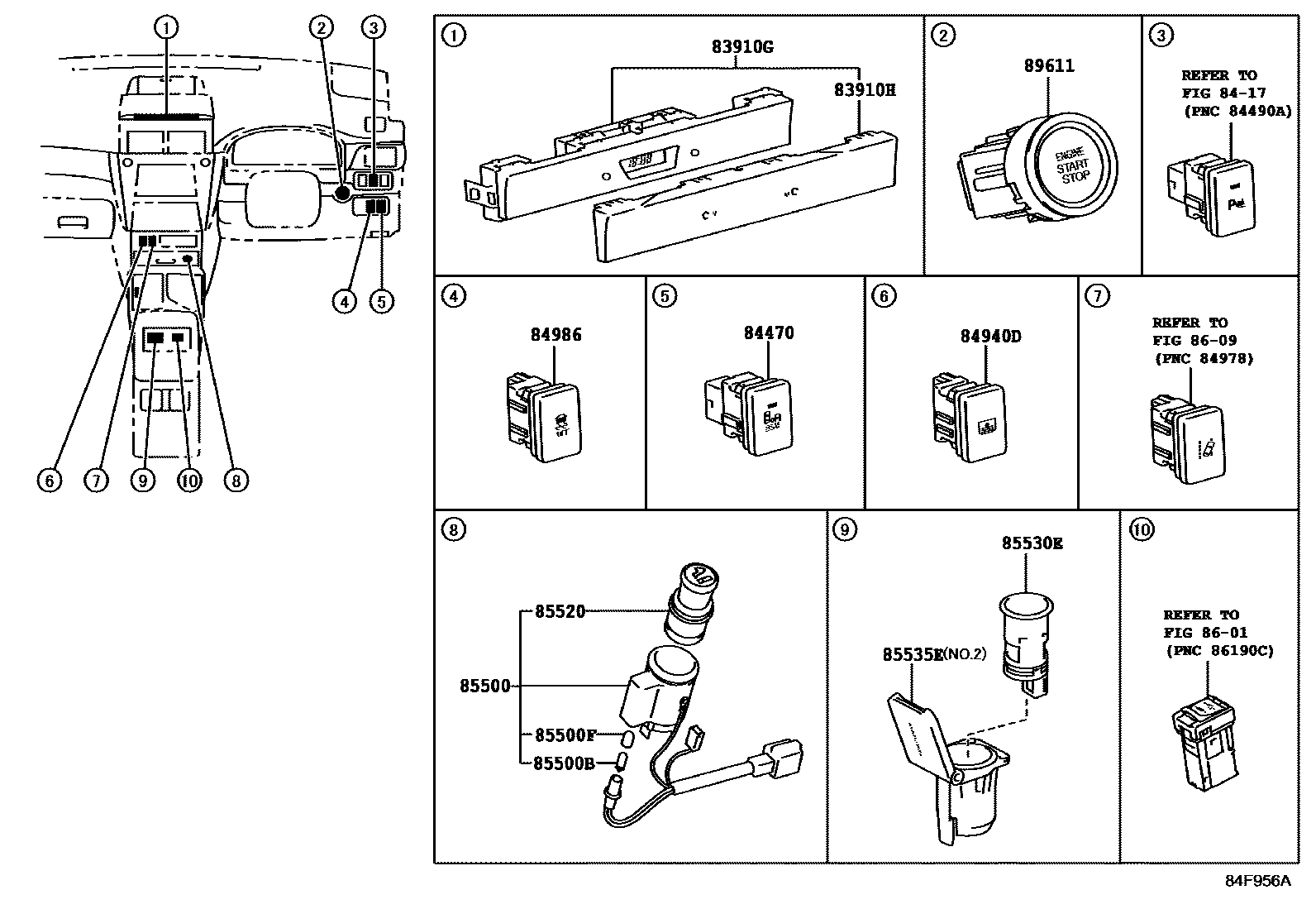 Toyota CAMRY 开关和继电器和ECU EPC diagram — 84F956A